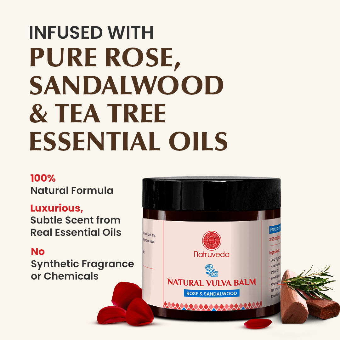 Natruveda  Natural Vulva Balm | Rose & Sandalwood | Natural Relief for Odor, Dryness & Chafing | 3.53 Oz (100gm)